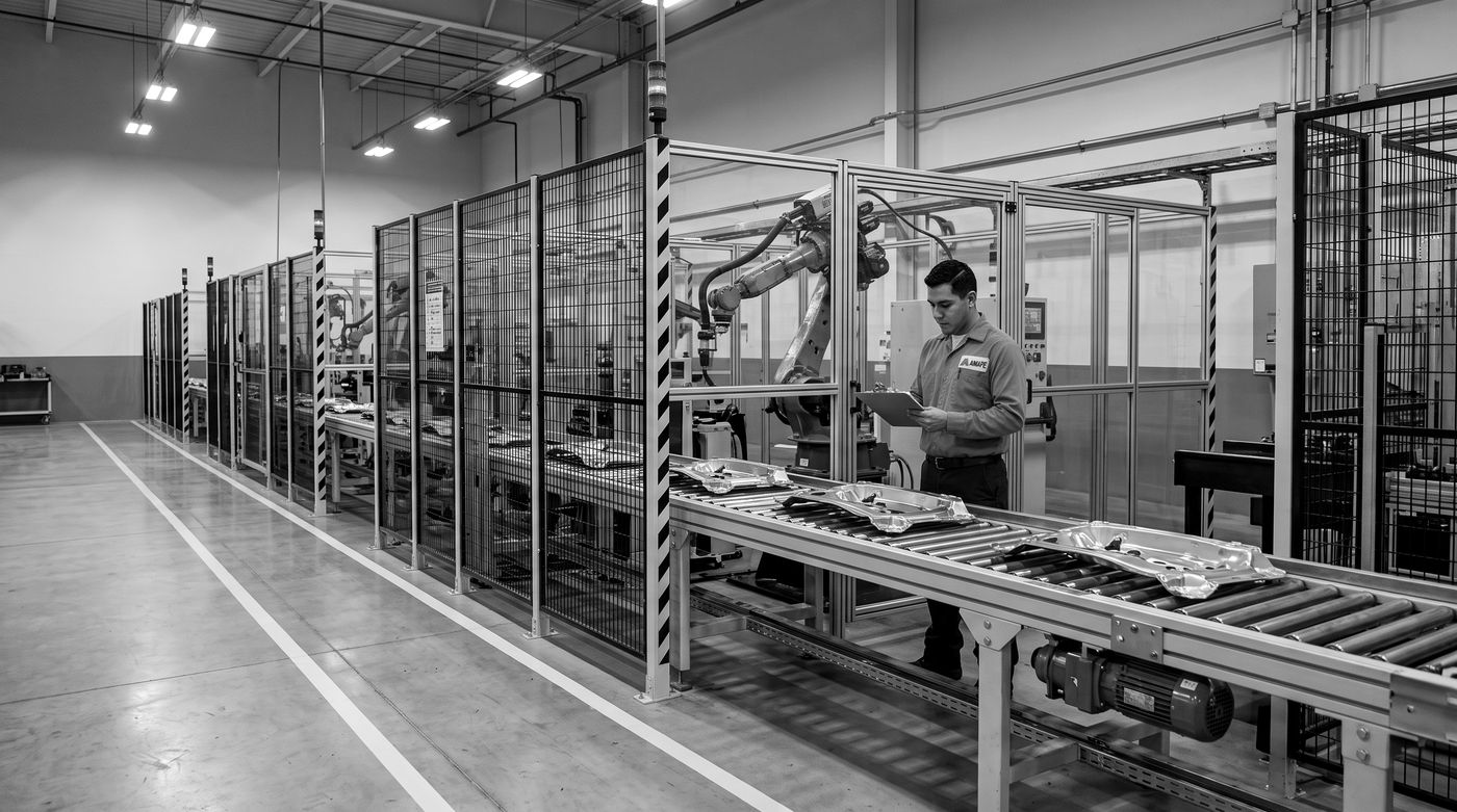 Ingeniero documentando resultados junto a una celda automotriz