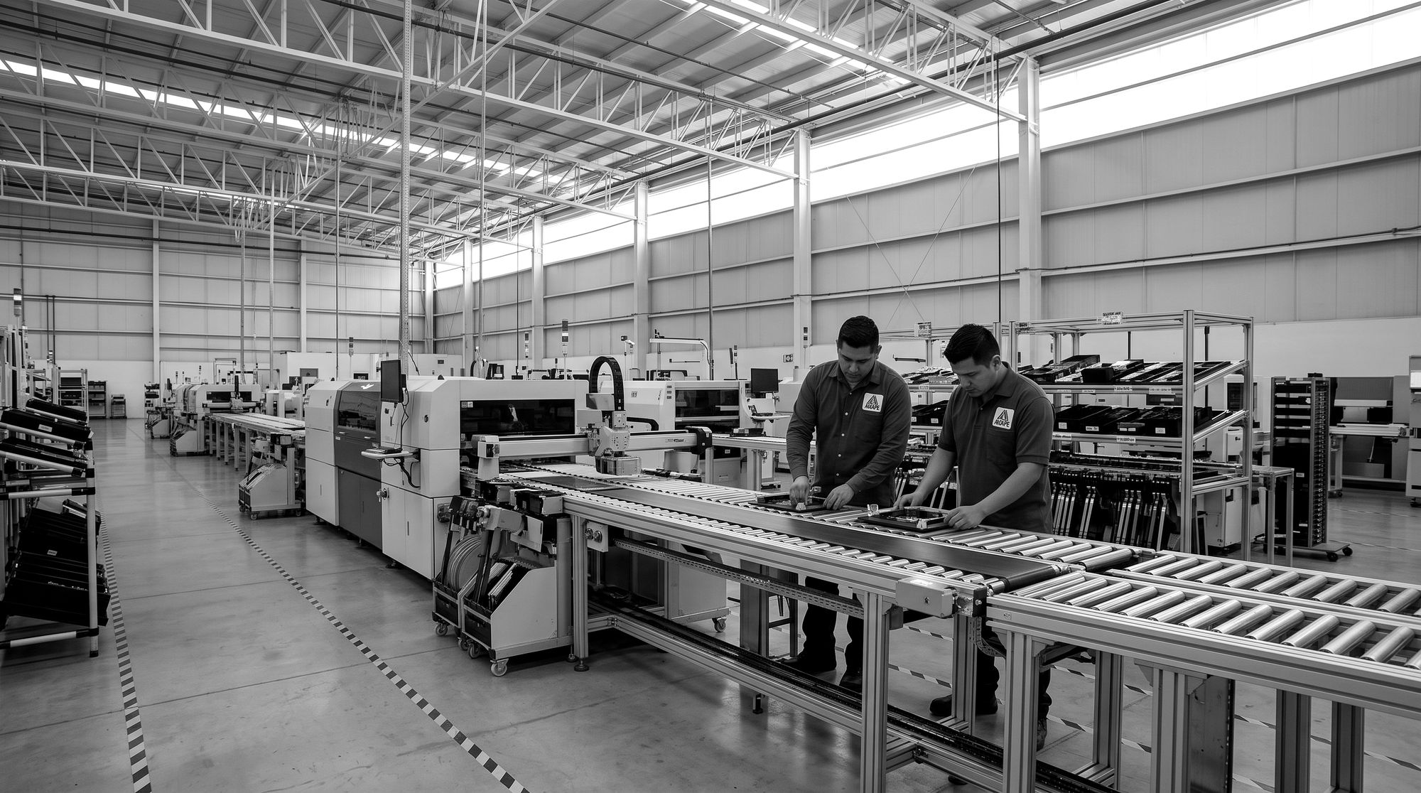 Dos técnicos ajustando una línea de ensamble de electrónica